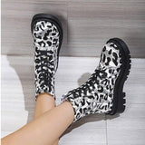 Women Martin Boots Black White Leopard Print Low Heel Shoes-6