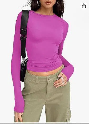 Women's Clothing Fashion Slim Long-sleeved Pullovers Tops Solid Causal Fit Shirts-Purple-11