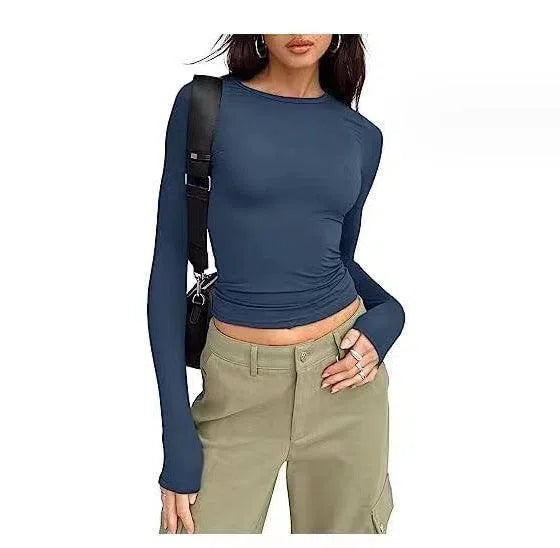 Women's Clothing Fashion Slim Long-sleeved Pullovers Tops Solid Causal Fit Shirts-Color191-13