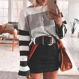 Women's color stitching sweater pullover sweater-Grey-7