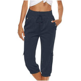 Women's Cropped Pants Cotton Linen Cargo Pocket Casual Pants Sapphire Blue / 2XL-Navy Blue-8