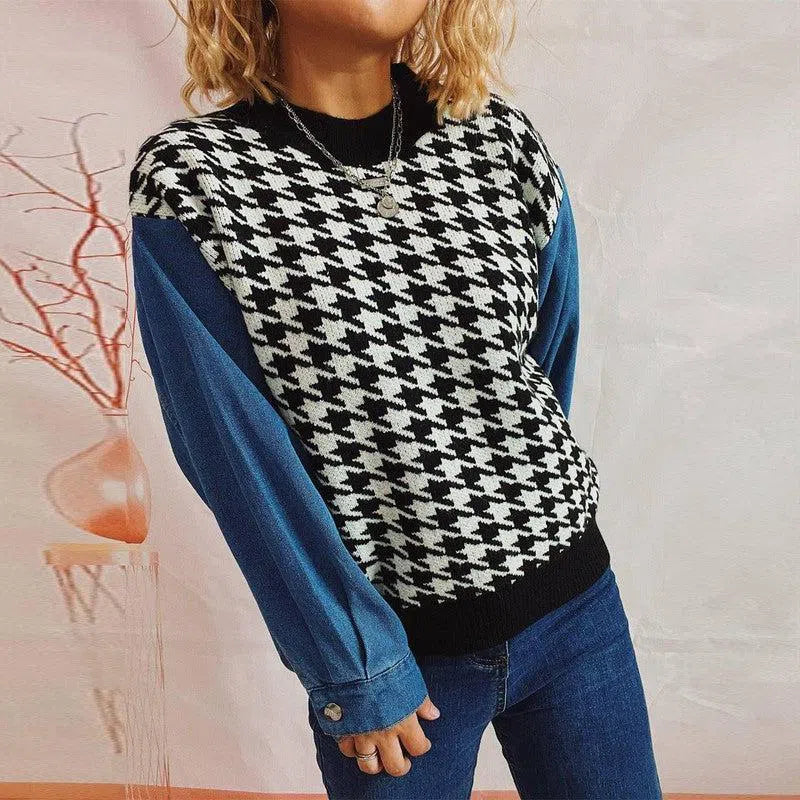 Women's Denim Sleeve Stitching Houndstooth Round Neck Long-Black-2