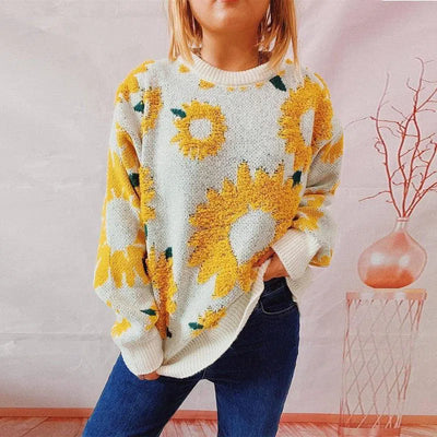 Women's Fashion Casual Sunflower Jacquard Round Neck Long-3