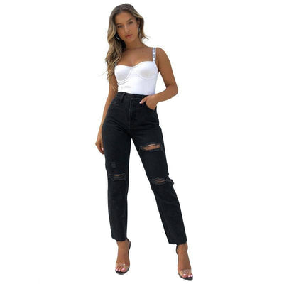 Women's Fashion Washed Blue Jeans-Black-6