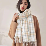 Women's Fashionable Plaid Printed Tassel Shawl Warm Scarf-3