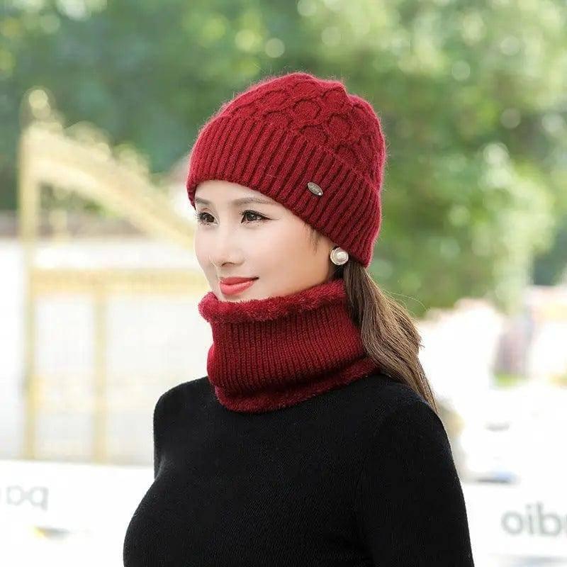 Women's Fleece Warm Wool Hat Scarf Suit-Red-3