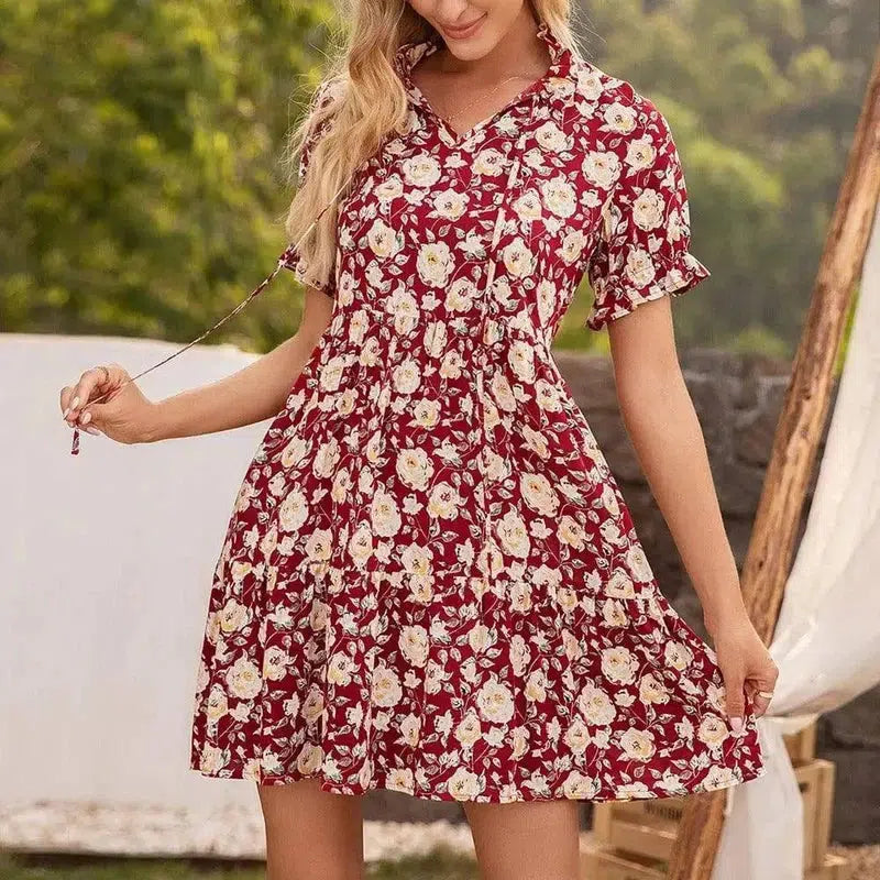 Women's Floral Print Fungus Trim Short Sleeve Dress-Winered-2