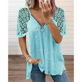 Women's Heart-shaped Pattern Lace Zipper Design T-shirt-Sky Blue-5