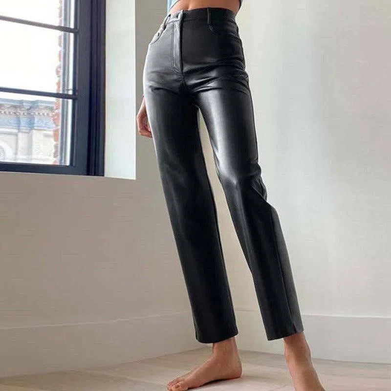 Women's High Waist Straight PU Trousers-6