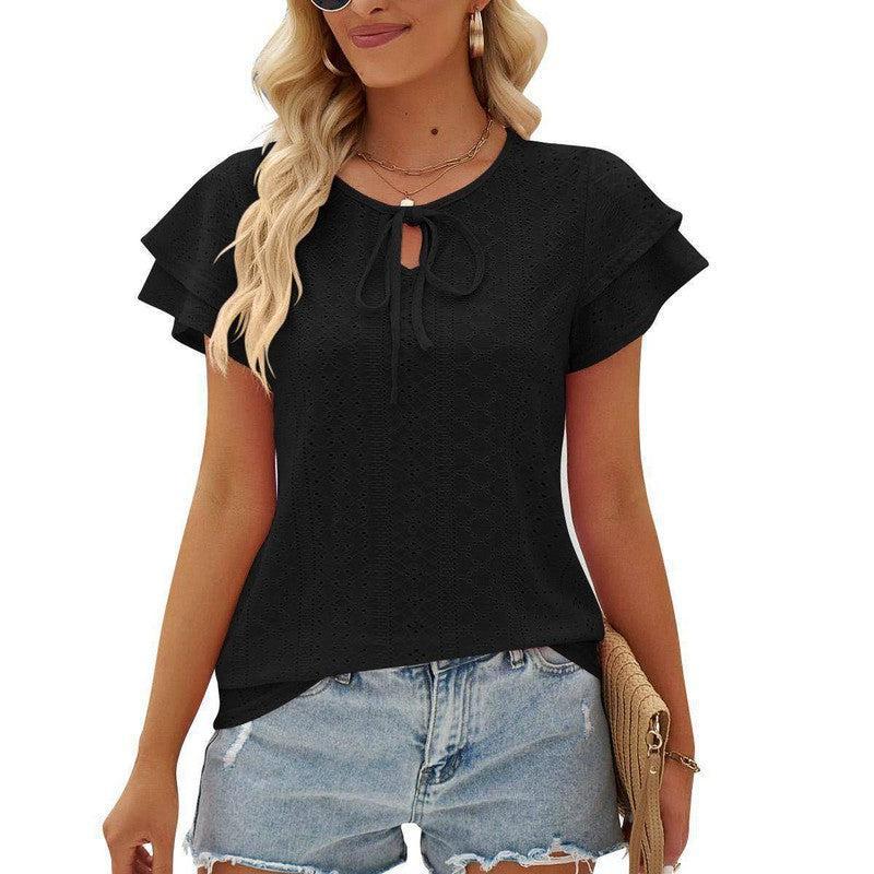 Women's Hole Hollow-out Lace-up Double-layer Sleeve Top-Black-2