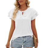 Women's Hole Hollow-out Lace-up Double-layer Sleeve Top-White-3