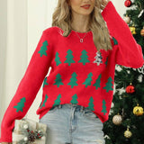 Women's Jacquard Christmas Tree Long Sleeve Red Christmas-Red-1