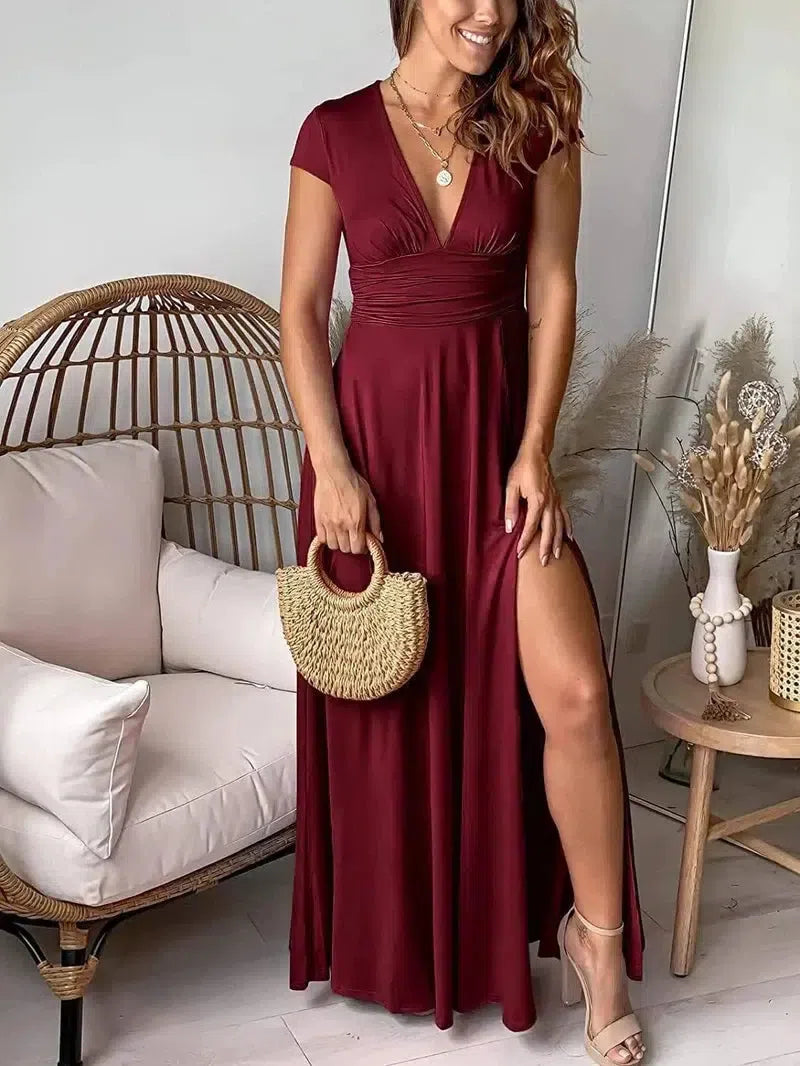 Women's Long Skirt With Deep V-neck And Short Sleeves-Wine Red-13