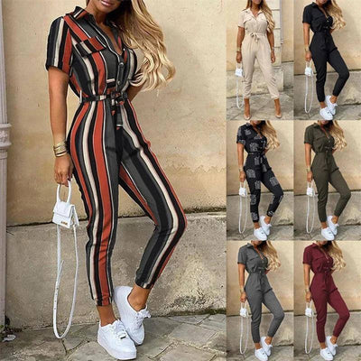 Women's Monochromatic Belt Workwear Jumpsuit, Casual Pants,-1