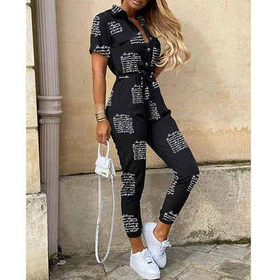 Women's Monochromatic Belt Workwear Jumpsuit, Casual Pants,-zimu-7