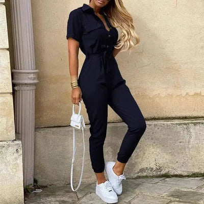 Women's Monochromatic Belt Workwear Jumpsuit, Casual Pants,-DEEP BLUE-8