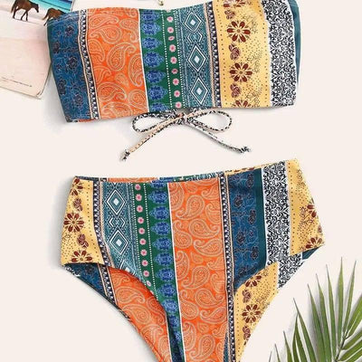 Women's Printed Bikini Split Tie High Waist Swimsuit-Orange-3