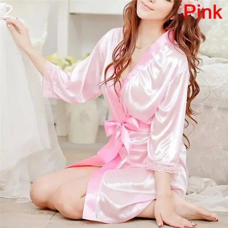 Women's Sexy Lingerie Set Sexy Ice Silk Robe with Bathrobe-Pink-2