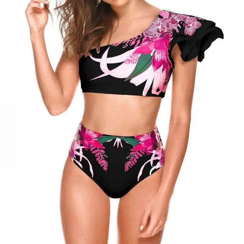 Women's Sexy Two-piece Swimwear Floral Print Swimsuit Bikini-Black-10