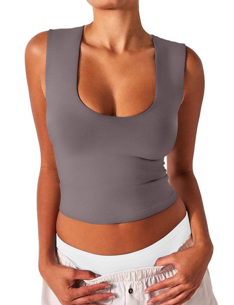 Women's Slim-fit U-neck Sleeveless Vest Top-Dark Gray-11