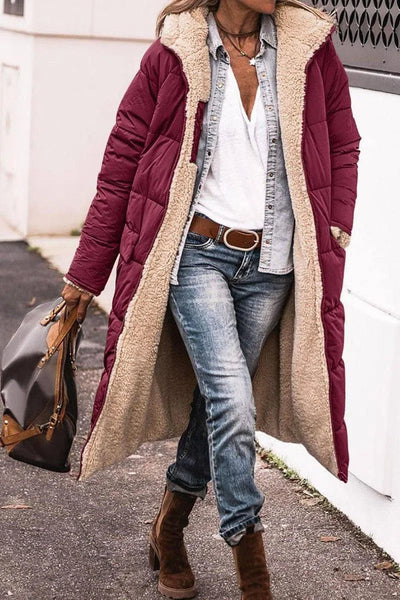 Women's Solid Color Hooded Cotton Jacket Long-sleeved Coat-Wine Red-14