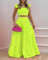 Women's Solid Color Mid Waist Big Swing Two Piece Dress-Light Green-4