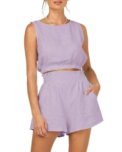 Women's Solid Color Sleeveless Short Top Shorts Suit-Lavender-12