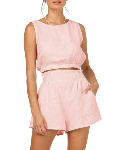 Women's Solid Color Sleeveless Short Top Shorts Suit-Pink-13