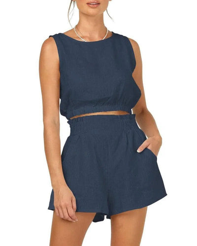 Women's Solid Color Sleeveless Short Top Shorts Suit-2