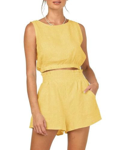 Women's Solid Color Sleeveless Short Top Shorts Suit-Bright Yellow-3