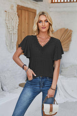 Women's Spring And Summer Lace Ruffle Sleeve Solid Color-Black-10