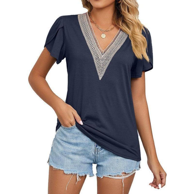 Women's Temperament Fashion Lace V-neck Short-sleeved Tops-Navy Blue-5