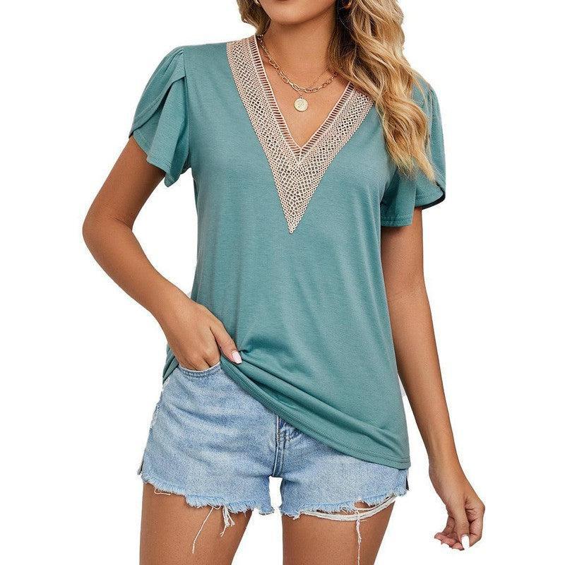 Women's Temperament Fashion Lace V-neck Short-sleeved Tops-Green-7