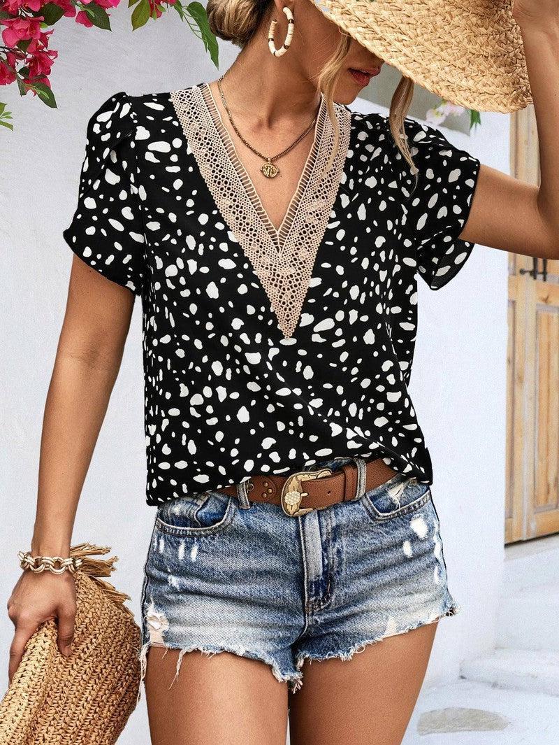 Women's V-neck Lace Printed Shirt-5