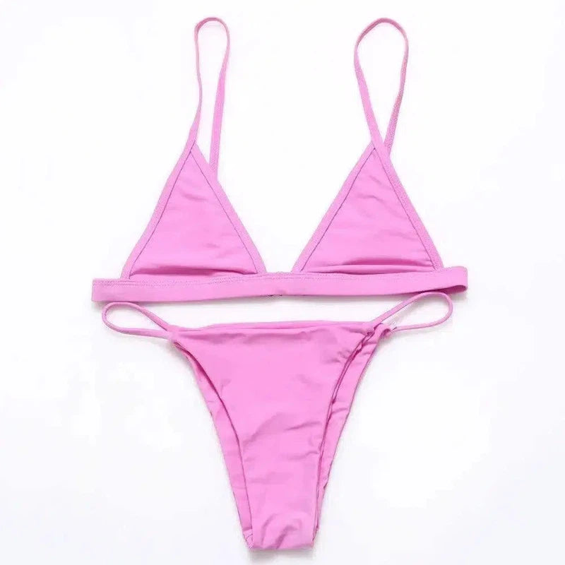 Women's Wire Free High Leg Triangle Bralette Bikini-Pink-5