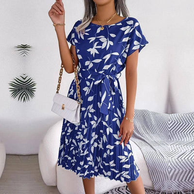 Women Spring Summer Short Sleeve High Waist Chic Dress-ROYAL BLUE-12