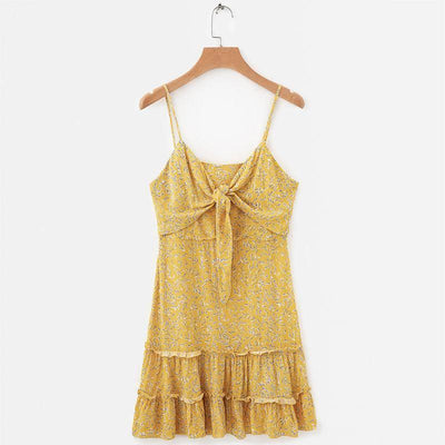 Women Summer Dress Yellow Floral Print Causal Beach Dress-Yellow-5