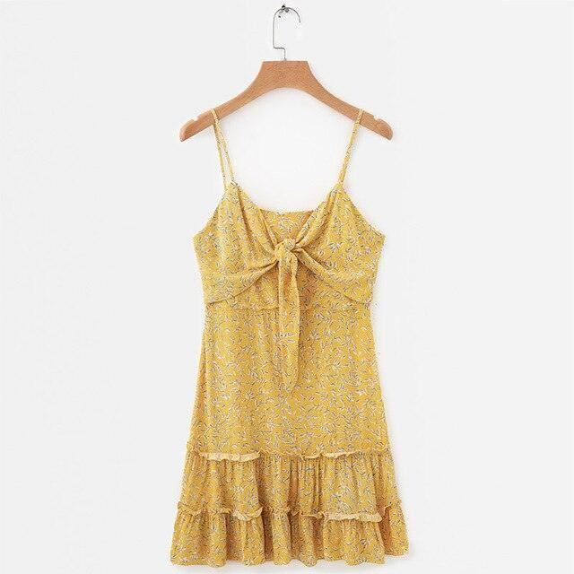 Women Summer Dress Yellow Floral Print Causal Beach Dress-Yellow-7