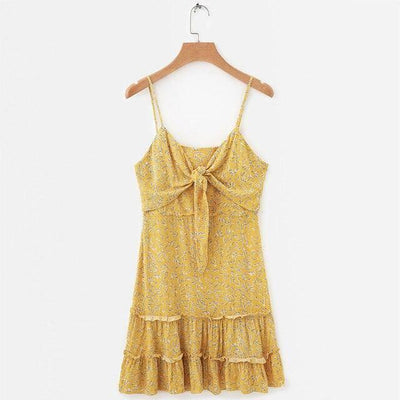 Women Summer Dress Yellow Floral Print Causal Beach Dress-Yellow-7