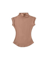 Women Summer Sexy Turtleneck Sleeveless T-Shirts Tops Solid-Coffe-8