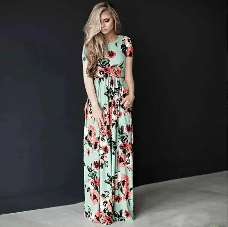 Women's Flower Printing Maxi Dress-Green-30