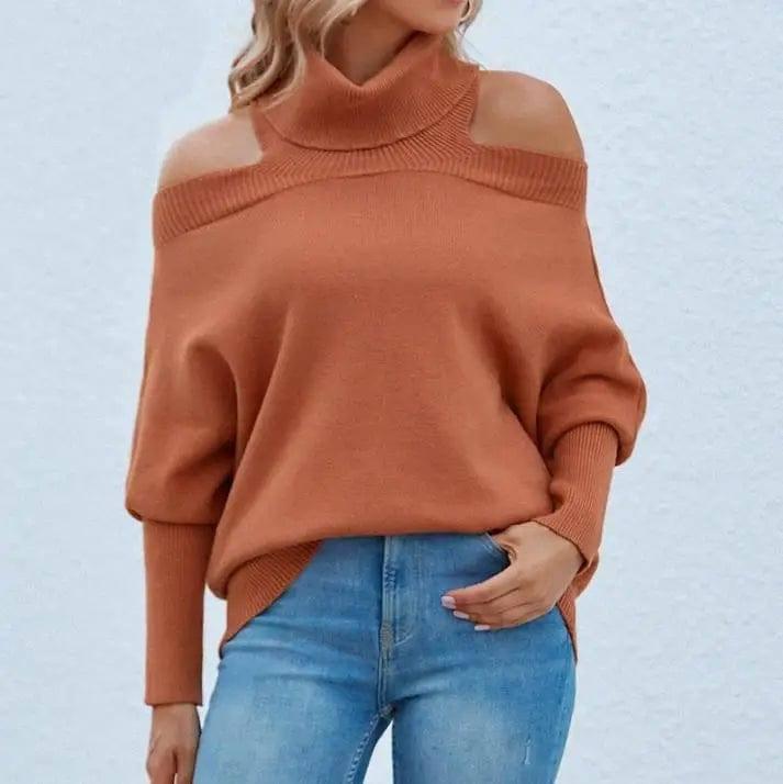 Womens Off Shoulder Sweaters Turtleneck Oversized Batwing-Orange-1