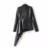 Women's Slim Fit, Lapel, Long Sleeves, irregular Hem Leather-Black-2