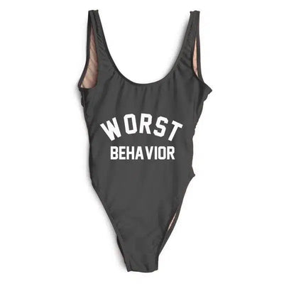 WORST letter printed one-piece swimsuit-Black-2