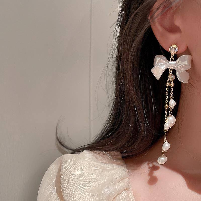 Zircon Pearl Bowknot Tassel Earrings Super Fairy Lady-1