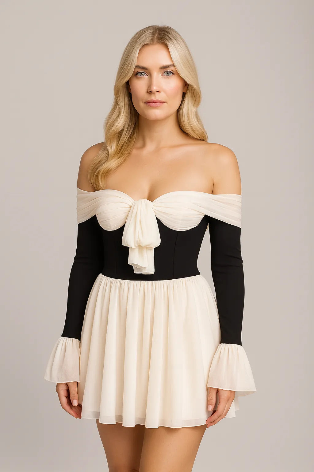 Vestido de mujer sin hombros a juego de color