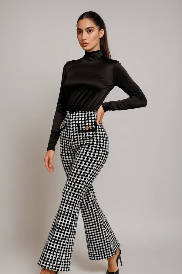 High-waist houndstooth flare pants – stylish women’s retro fashion trousers