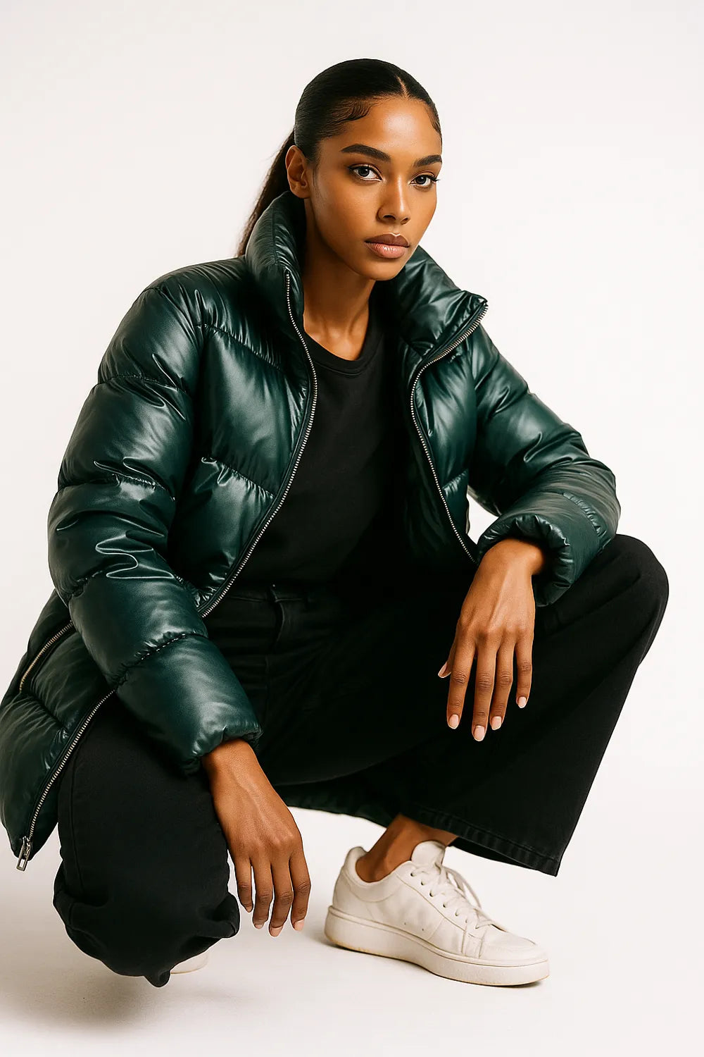 Dark green puffer jacket for women – shiny quilted winter coat with zipper