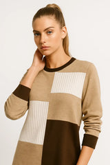 Beige and brown colorblock sweater for women - modern geometric knit pullover
