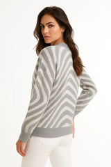 Gray and white zebra stripe knit sweater for women - cozy casual pullover front and back view